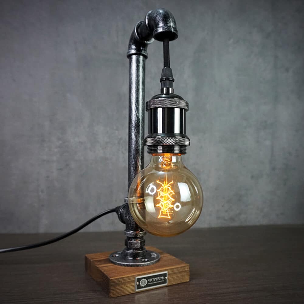 Classic Steampunk Table Lamp - Metal Pipe, Edison Bulb, and Solid Wood Base