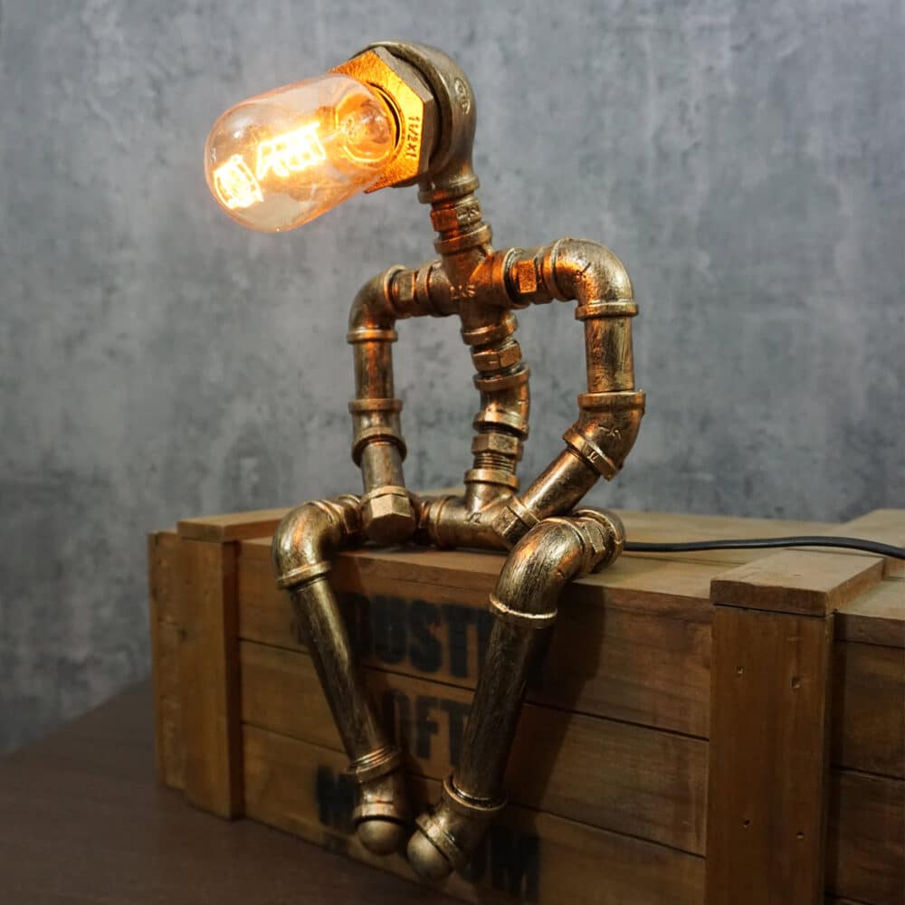 Melancholic Robot Desk Lamp – Handcrafted Metal Pipe with Antique Bronze Finish