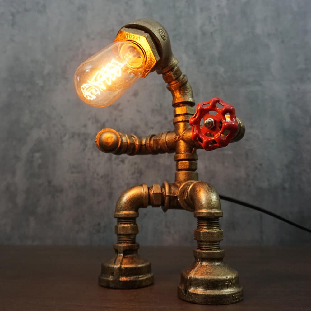 Steampunk Combat Robot Desk Light - Metal Pipe, Tungsten Bulb, Valve Shield