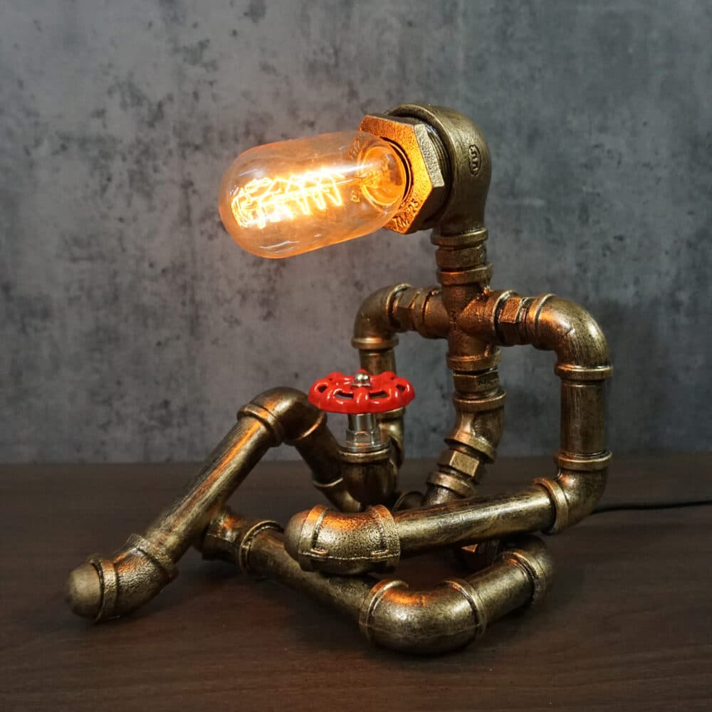 Steampunk Cross-Legged Robot Desk Light - Metal Pipe, Tungsten Bulb, Valve Flower
