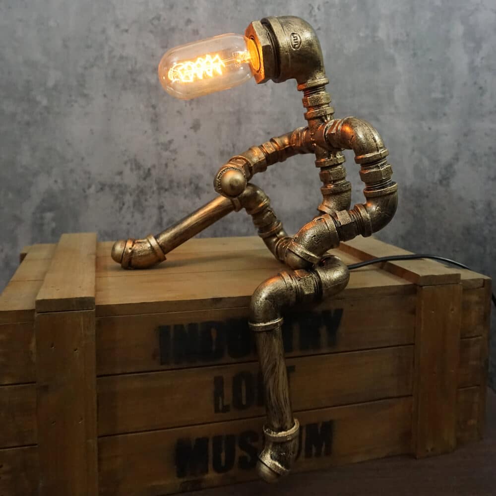 Steampunk Lazy Robot Desk Light - Metal Pipe, Tungsten Bulb, Relaxed Pose