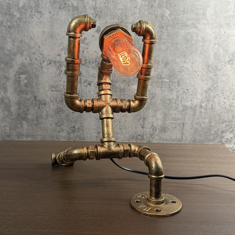 Steampunk Lunge Robot Desk Light - Metal Pipe, Tungsten Bulb, Heart Gesture