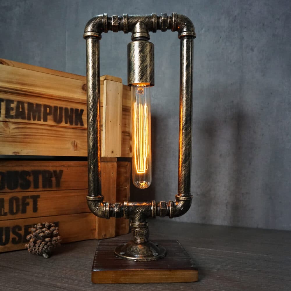 Steampunk Minimalist Desk Light - Metal Pipe, Tungsten Bulb, Pine Base