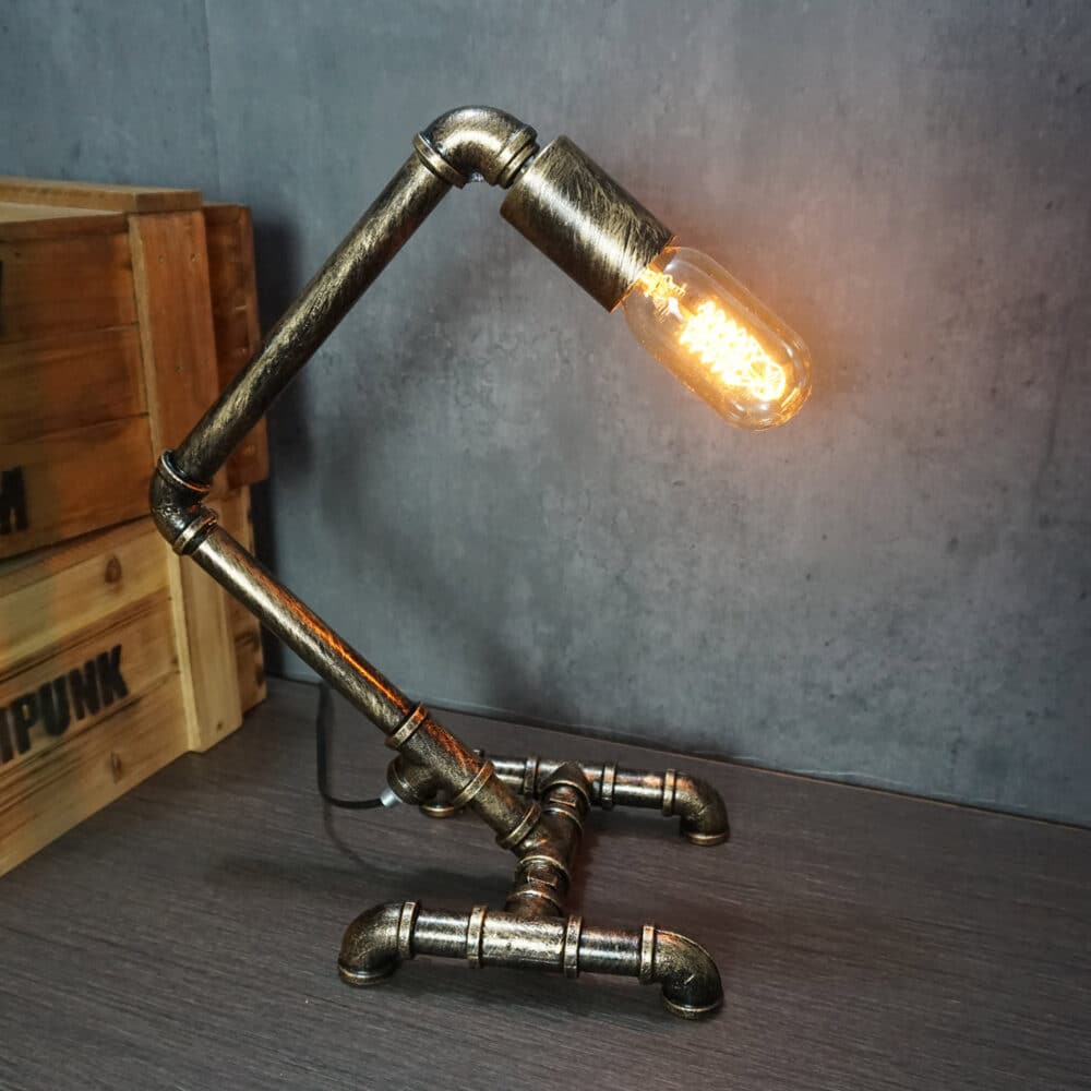 Steampunk Minimalist Table Light - Metal Pipe, Tungsten Bulb, Copper Patina