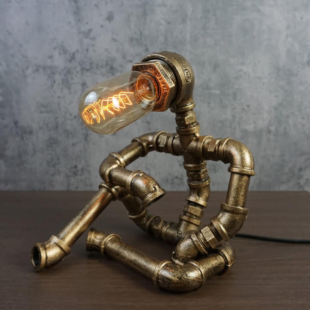 Steampunk Robot Desk Lamp - Antique Copper, Contemplative Pose, Tungsten Bulb