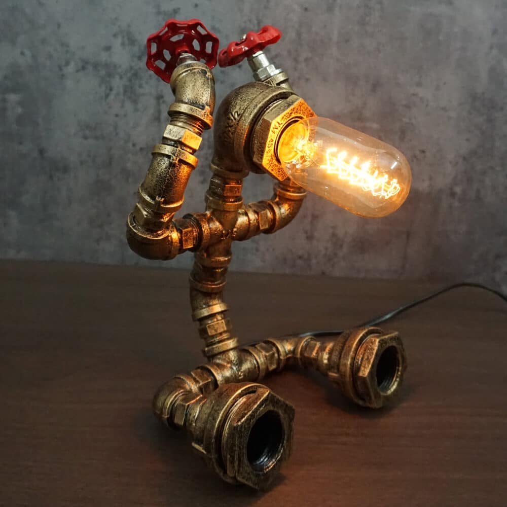 Steampunk Sitting Robot Desk Light - Metal Pipe, Tungsten Bulb, Dual Valves