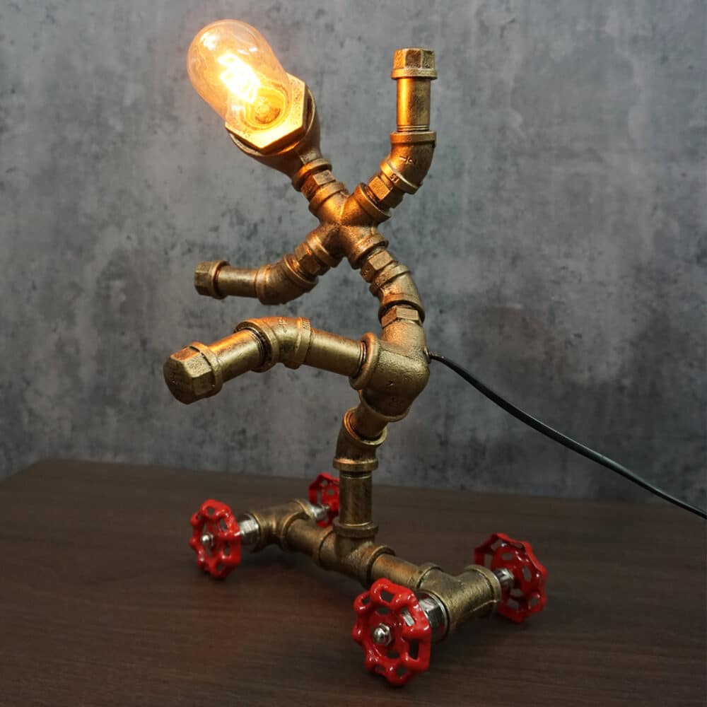 Steampunk Skateboarding Robot Desk Light - Metal Pipe, Tungsten Bulb, Valve Skateboard