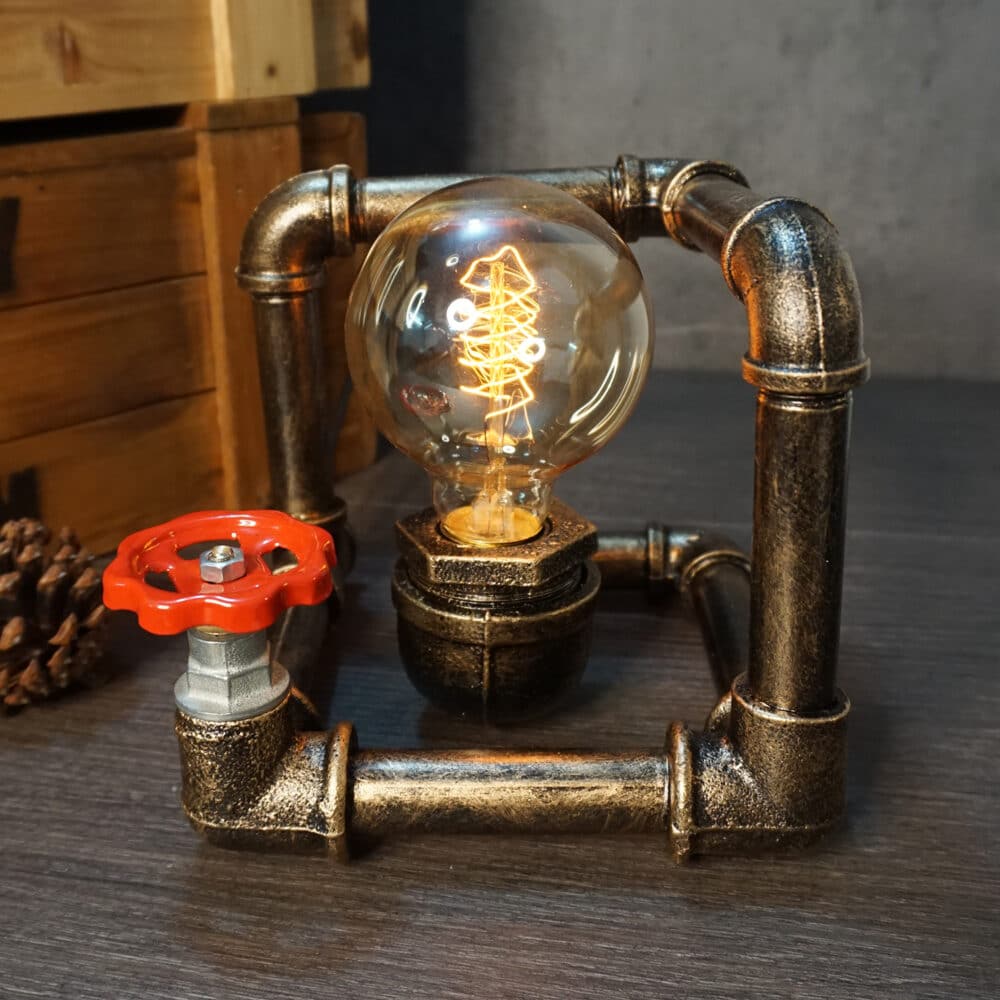 Unique Copper Patina Lamp - Round Edison Bulb, Industrial Valve Design