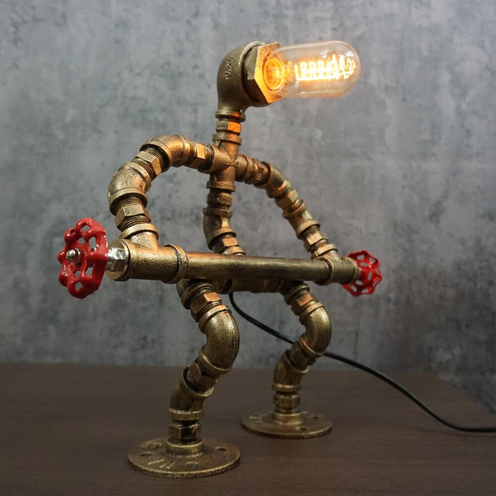 Unique Copper Patina Robot Lamp - Weightlifting Pose, Edison Bulb, Valve Weights