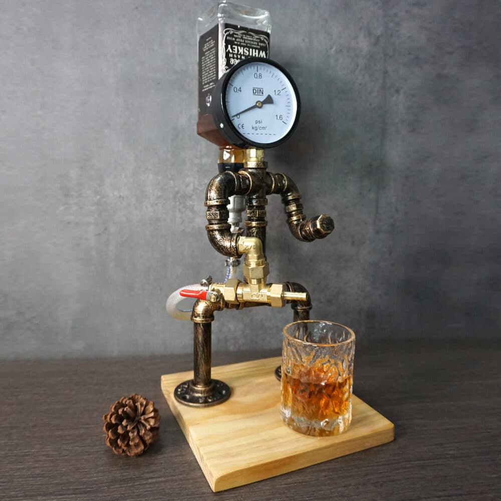Unique Industrial Whiskey Dispenser - Fireman Design, Pressure Gauge, Pine Base