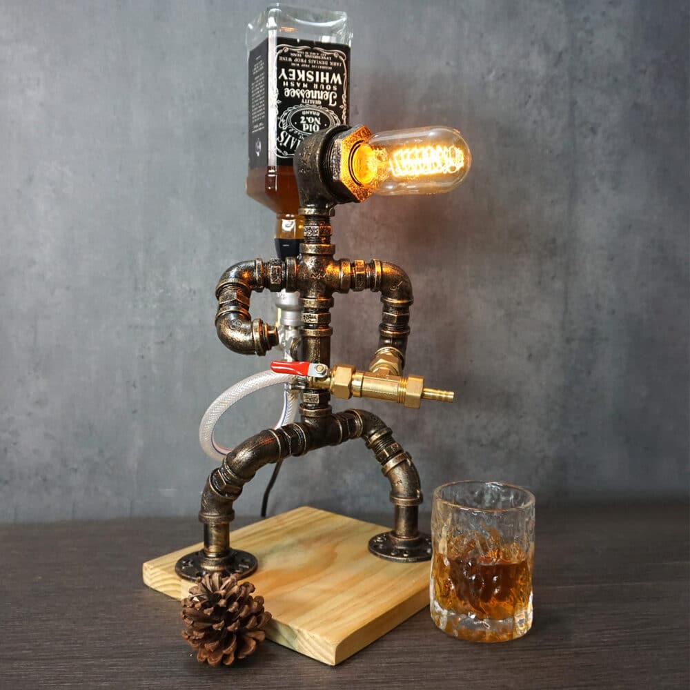Unique Industrial Whiskey Dispenser - Police Shape, Tungsten Bulb, Pine Base