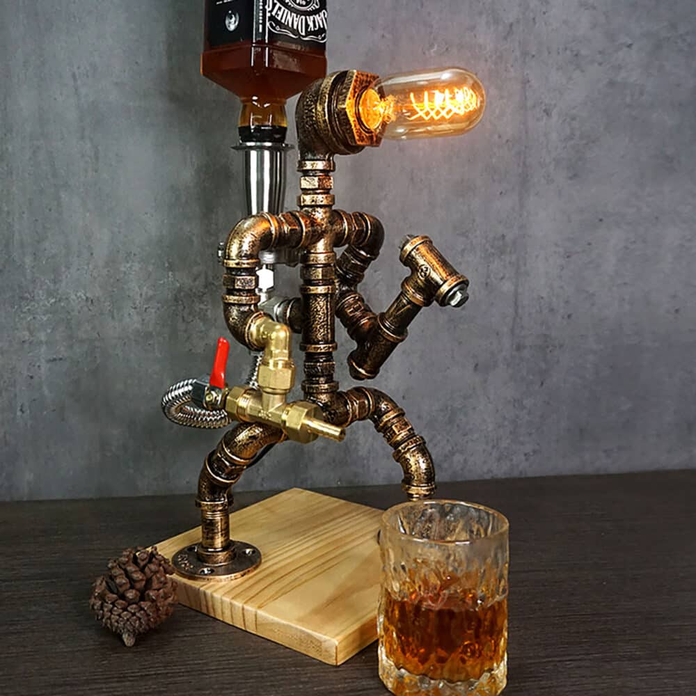 Unique Industrial Whiskey Pourer Lamp - Fireman Shape, Edison Bulb, Pine Base