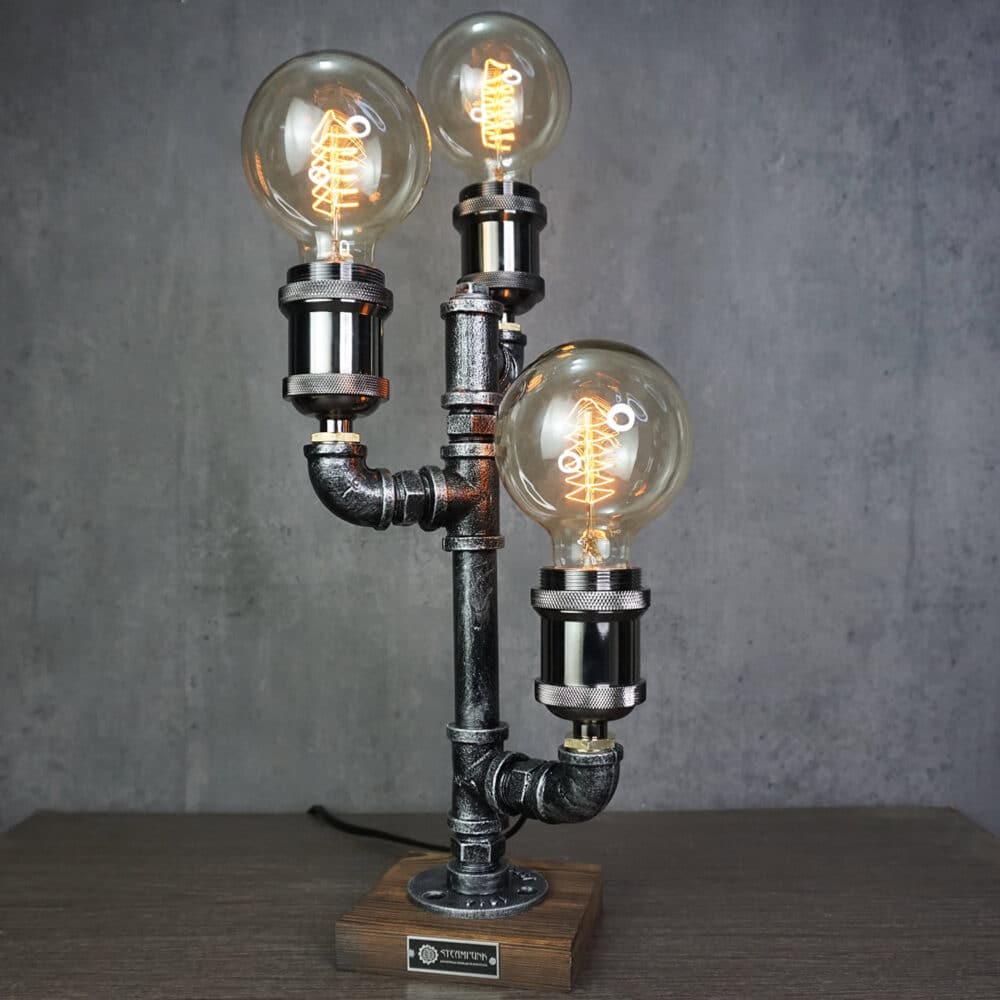 Unique Steampunk Cactus Lamp with Three Upward Edison Bulbs and Solid Pine Base