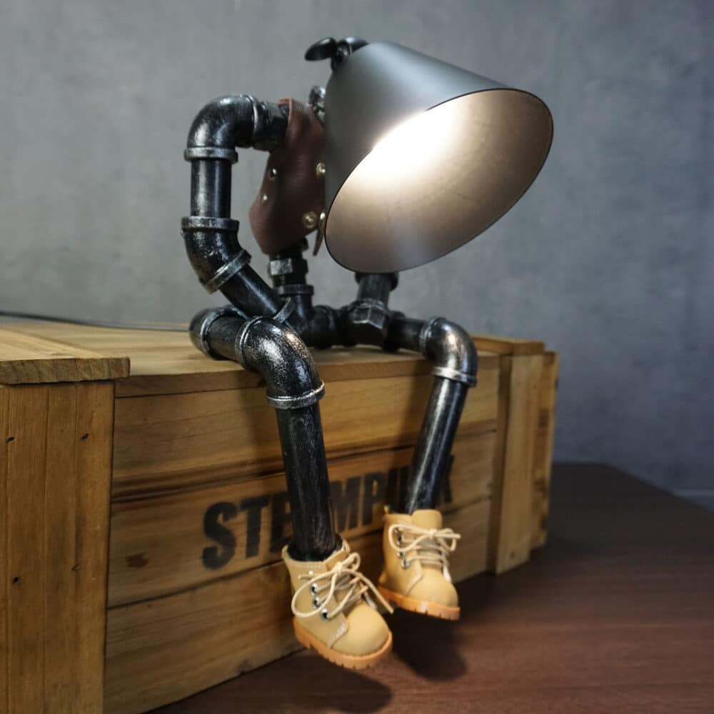 Unique Steampunk Robot Table Lamp with LED, Vest, and Martin Boots Design