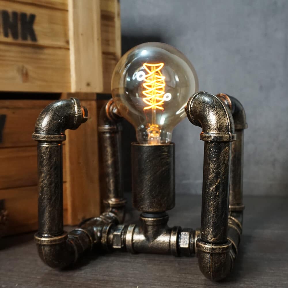 Steampunk Crystal Sphere Desk Light - Metal Pipe, Tungsten Bulb, Copper Patina