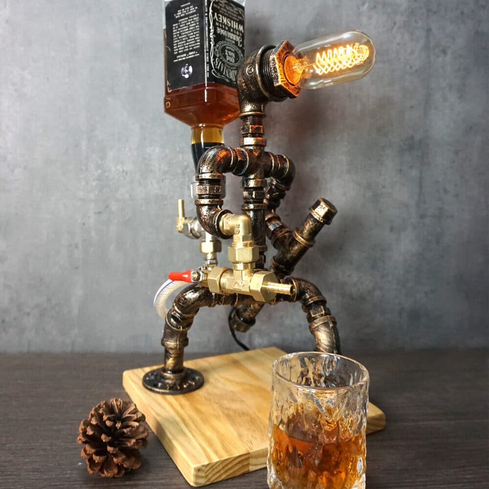 Vintage Fireman Whiskey Decanter Lamp with Tungsten Bulb and Pine Base