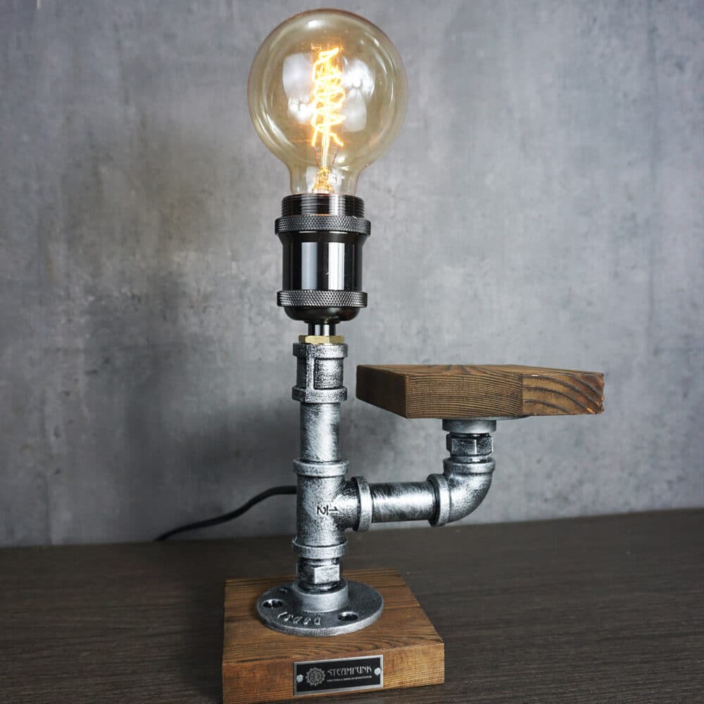 Vintage Pipe Desk Light with Edison Bulb, Shelf, and Solid Pine Base