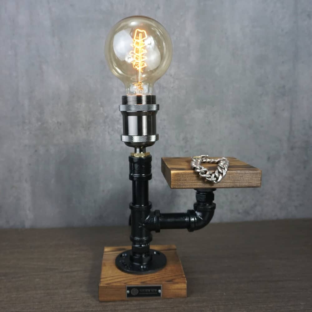 Elegant Vintage Pipe Desk Light with Edison Bulb, Shelf, and Solid Pine Base