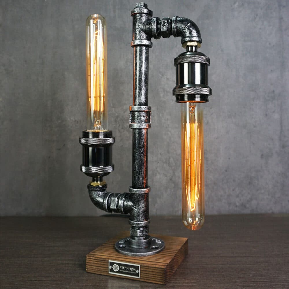 Vintage Steampunk Cactus Table Lamp with Dual Edison Bulbs and Pine Wood Base