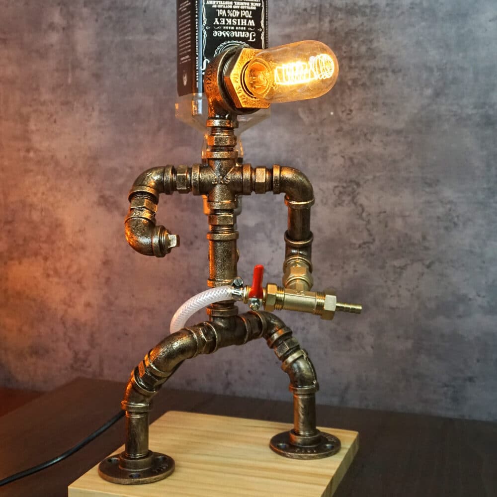 Unique Industrial Whiskey Dispenser - Police Shape, Tungsten Bulb, Pine Base