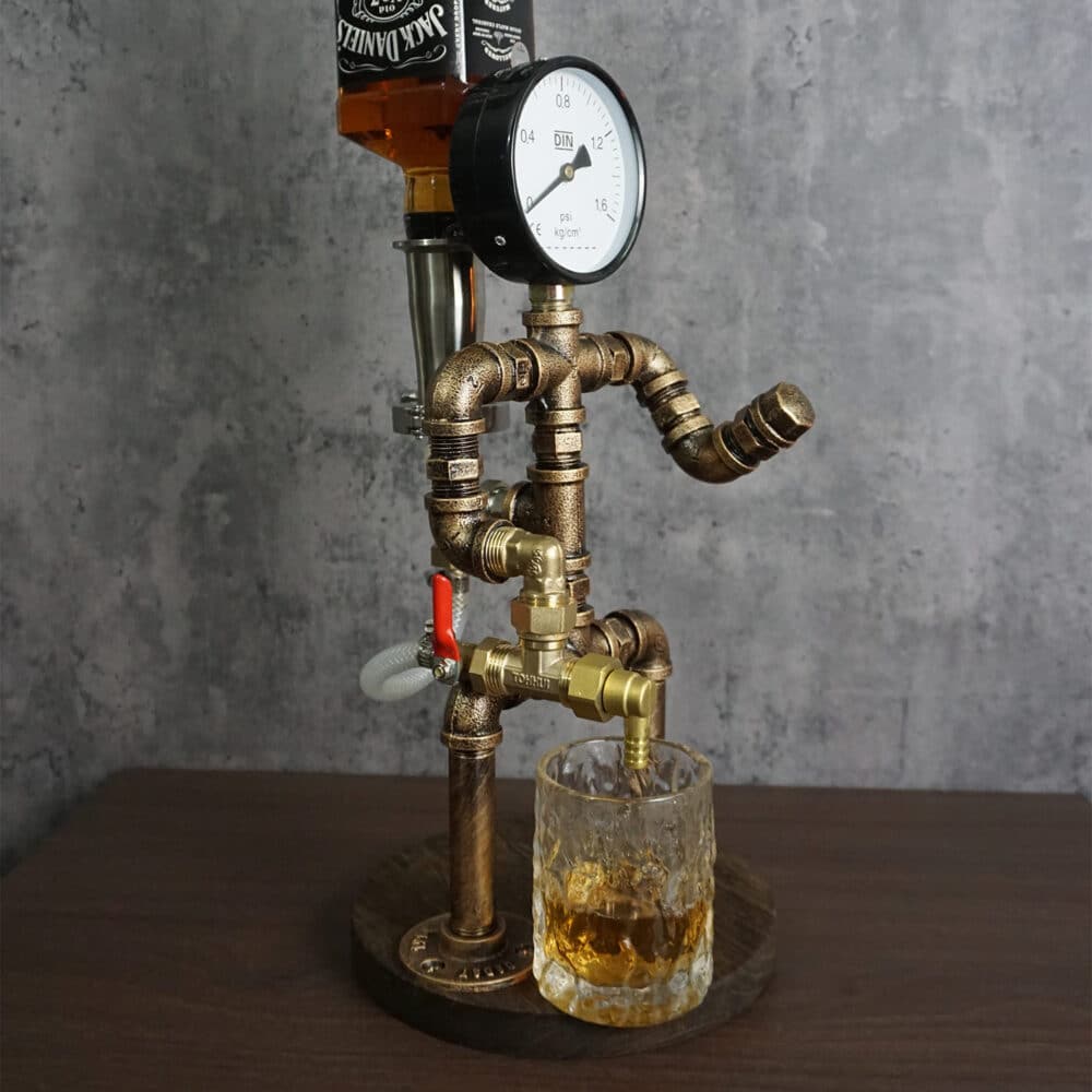 Vintage Industrial Liquor Dispenser - Firefighter Design, Metal Pipe, Brass Fittings