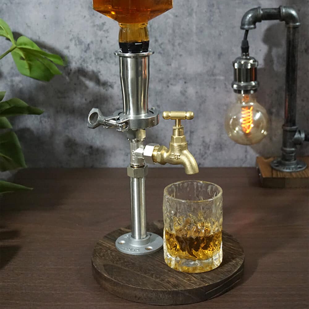 Minimalist Whiskey Dispenser - Stainless Steel, Brass Faucet, Carbonized Elm Base