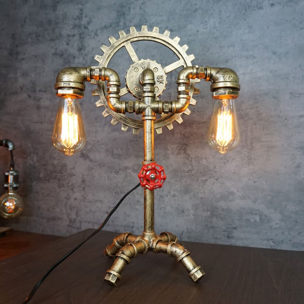 Industrial Steampunk Gear Lamp – Handmade with Wooden Gear & Vintage Valve