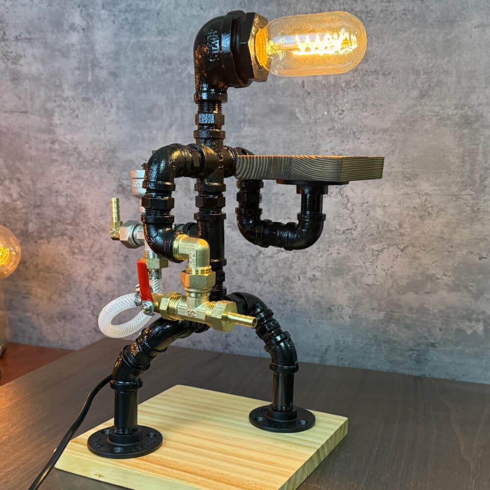 Rustic Black Pipe Whiskey Decanter Light - Fireman Pose, Cup Holder Tray