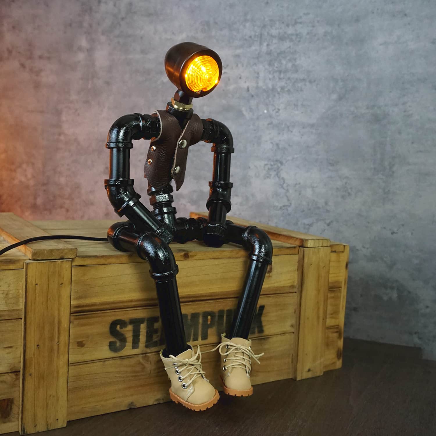 Retro Metal Pipe Robot Night Light – Vest & Boots Design