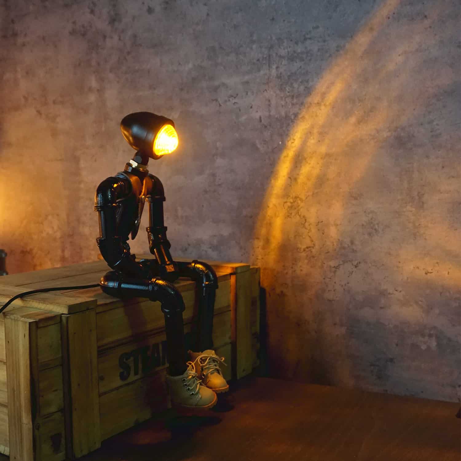 Retro Metal Pipe Robot Night Light – Vest & Boots Design - Image 4