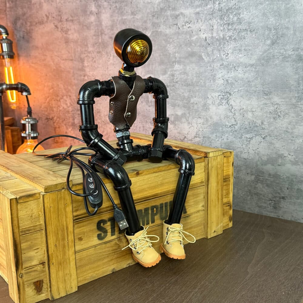 Alternative view of Retro Metal Pipe Robot Night Light – Vest & Boots Design