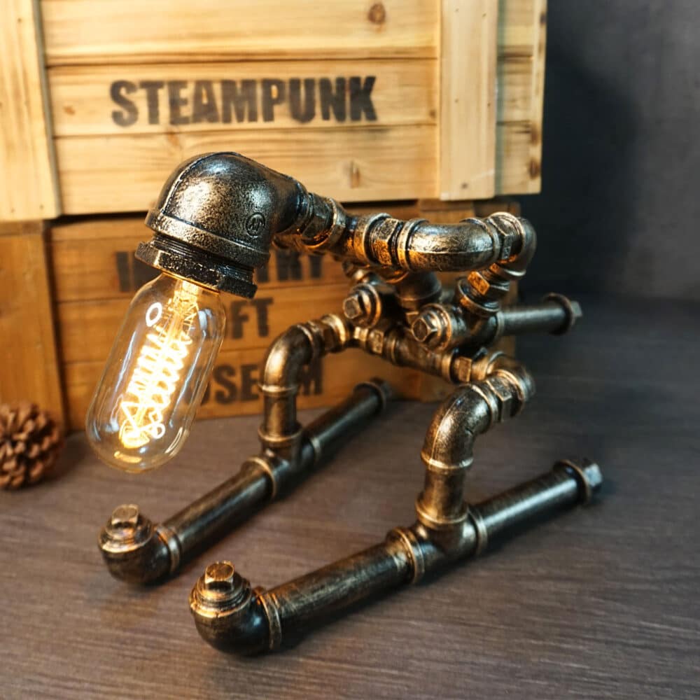 Alternative view of Steampunk Skiing Robot Desk Lamp – Antique Copper Finish, Tungsten Edison Bulb
