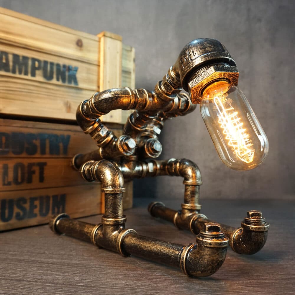 Steampunk Skiing Robot Desk Lamp – Antique Copper Finish, Tungsten Edison Bulb