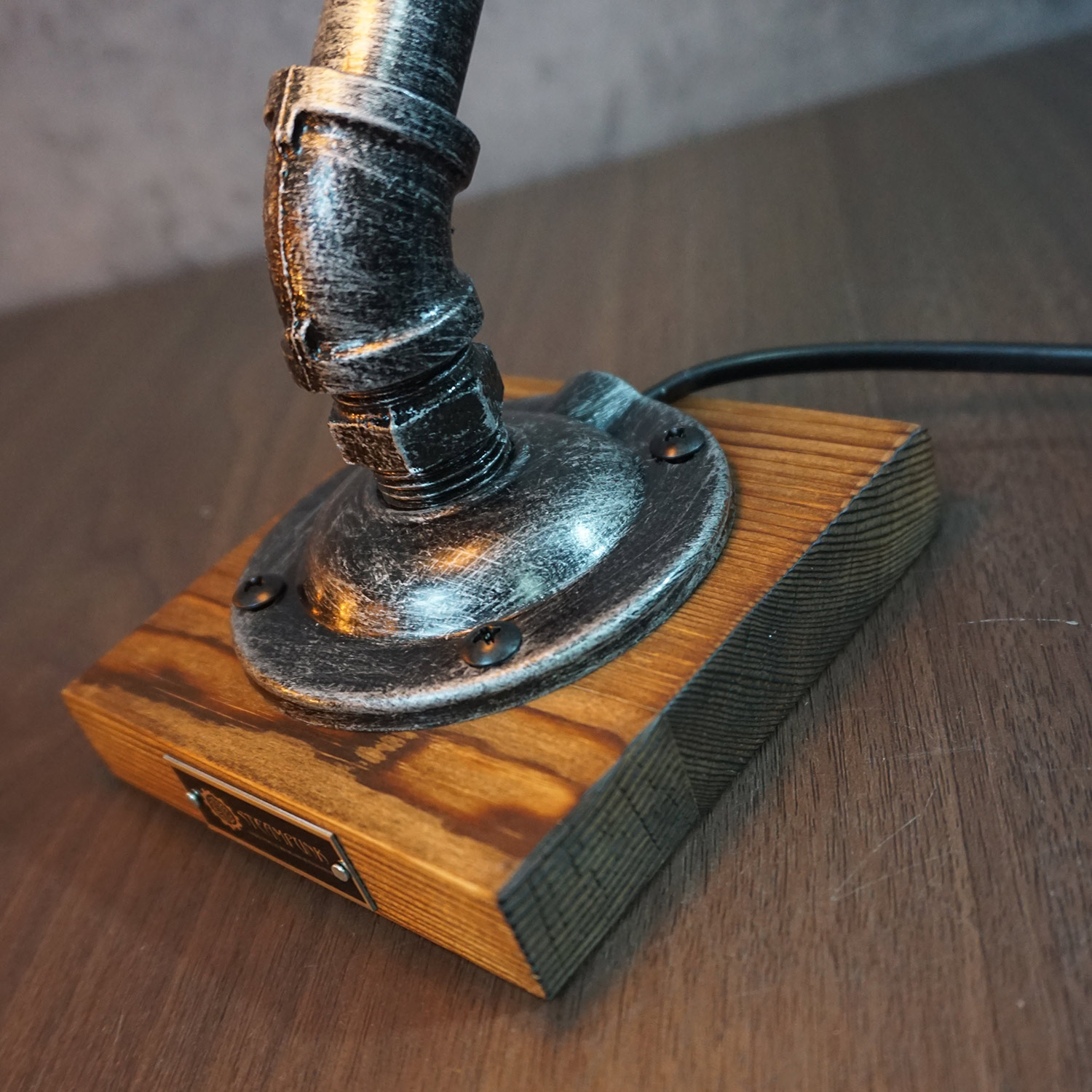 Retro Industrial Pipe Lamp - Distressed Silver, Edison Bulb, Carbonized Wood Base - Image 6