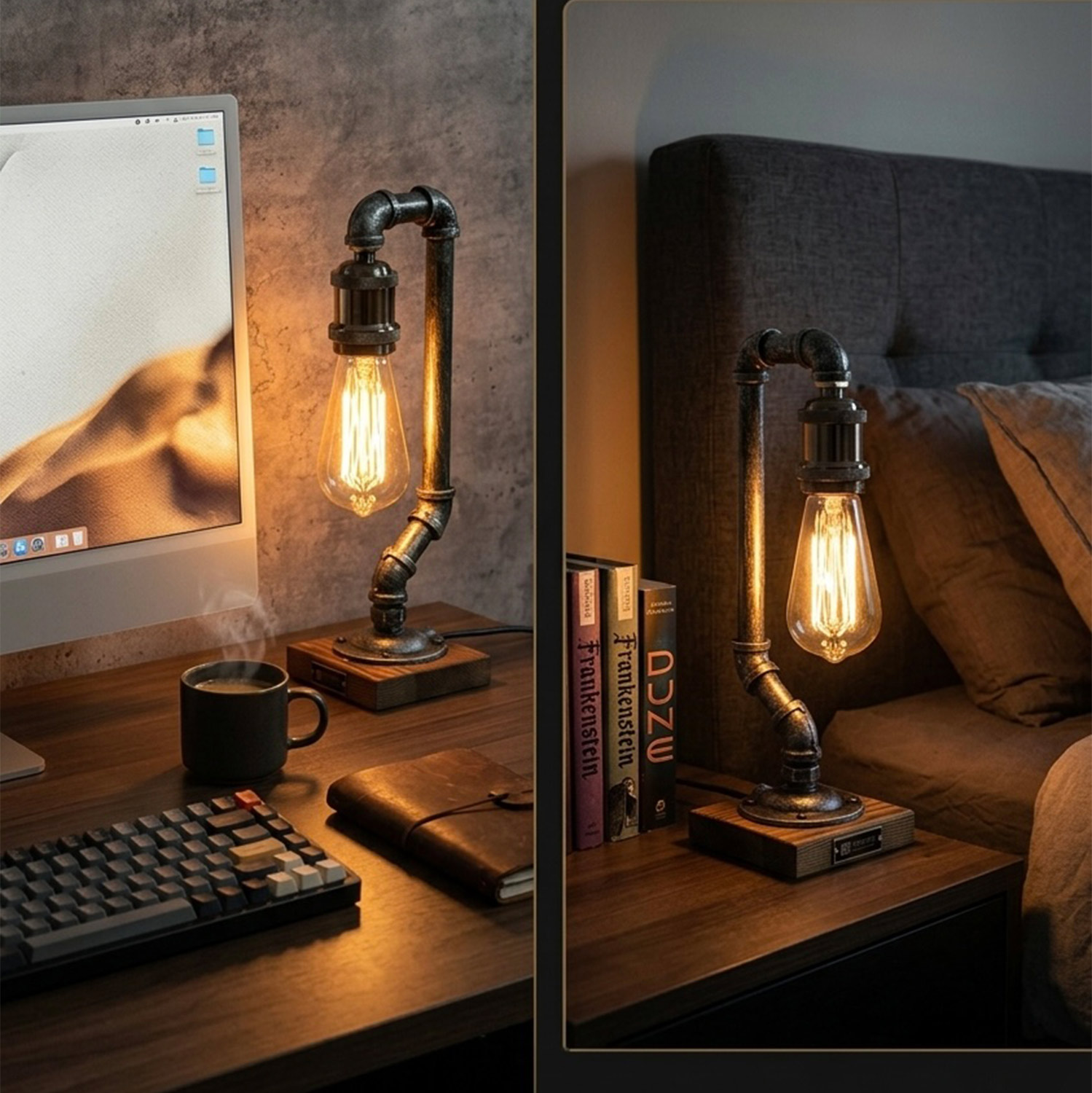 Retro Industrial Pipe Lamp - Distressed Silver, Edison Bulb, Carbonized Wood Base - Image 4