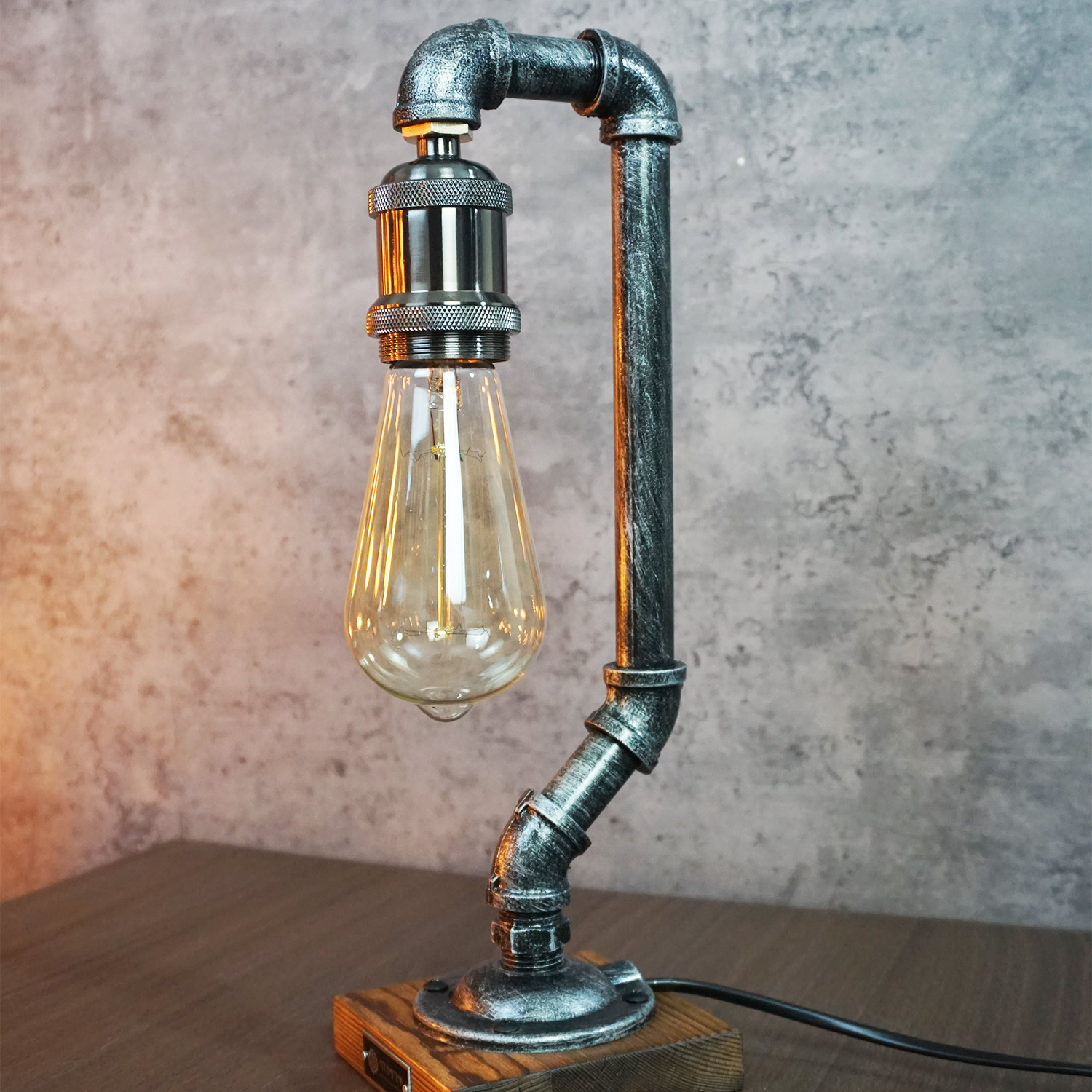 Retro Industrial Pipe Lamp - Distressed Silver, Edison Bulb, Carbonized Wood Base - Image 5
