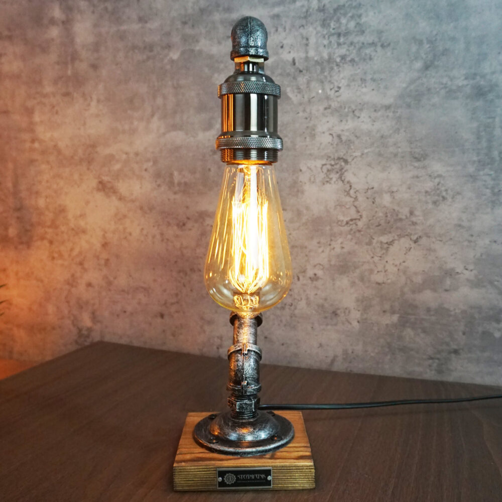 Alternative view of Retro Industrial Pipe Lamp - Distressed Silver, Edison Bulb, Carbonized Wood Base
