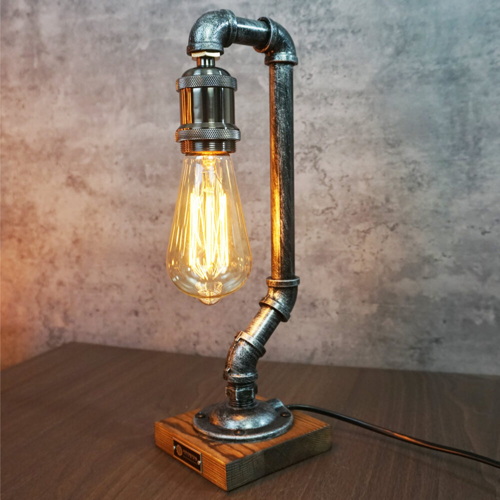 Retro Industrial Pipe Lamp - Distressed Silver, Edison Bulb, Carbonized Wood Base