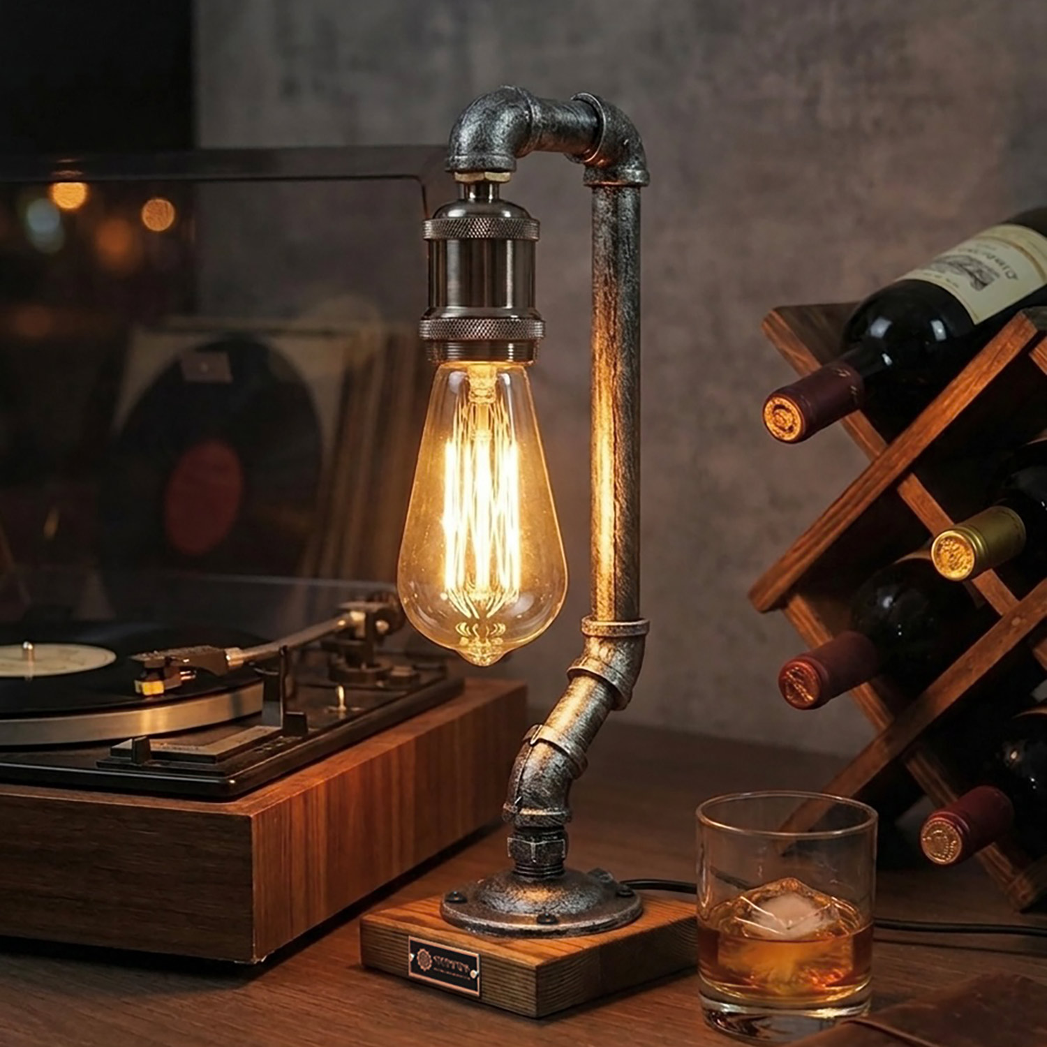 Retro Industrial Pipe Lamp - Distressed Silver, Edison Bulb, Carbonized Wood Base - Image 3