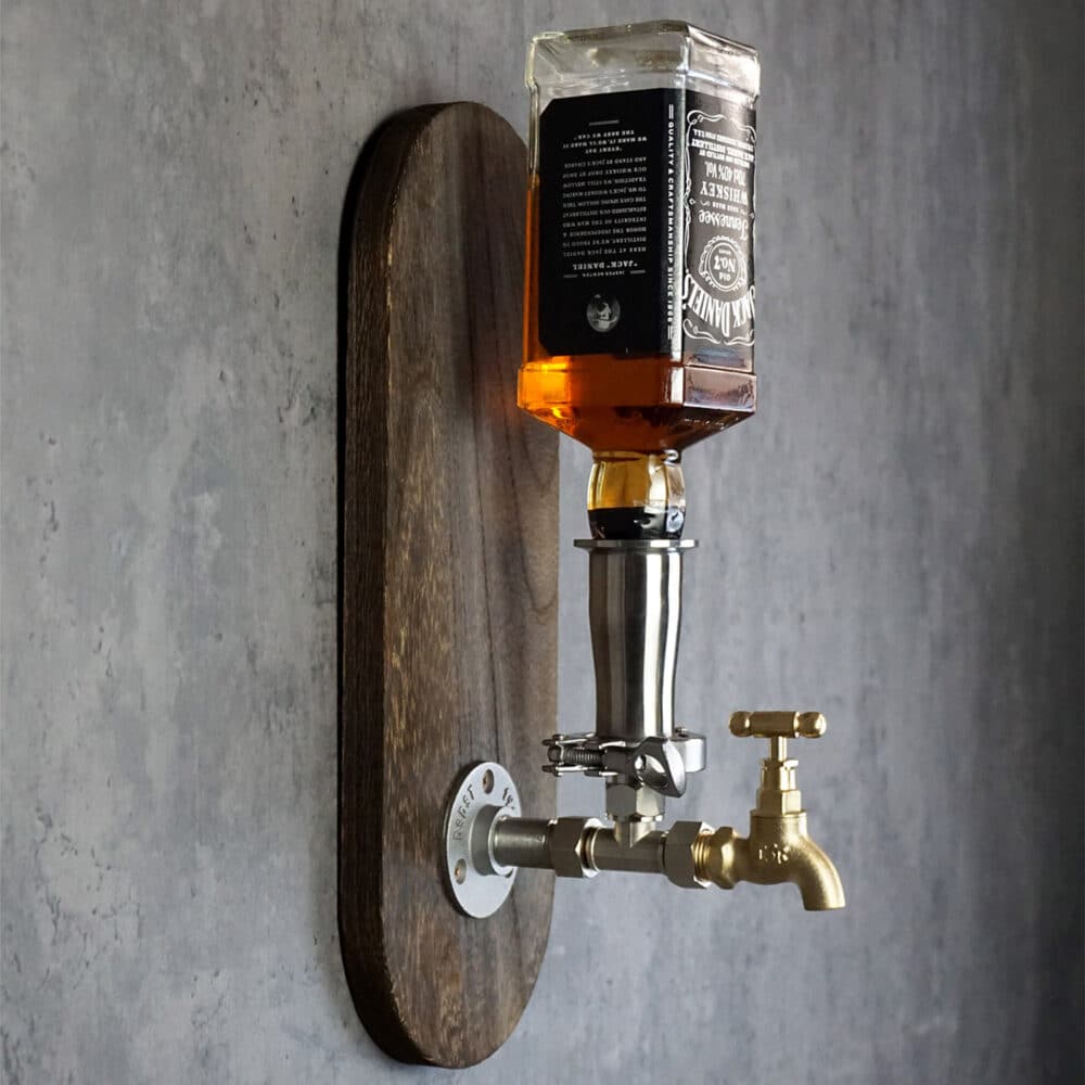 Wall-Mounted Whiskey Dispenser - 304 Stainless Steel, Brass Faucet, Carbonized Wood Board